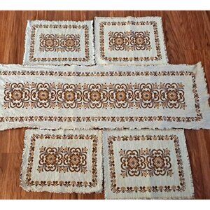Linen Woven Table Runner & Placemat Set Austria Brown Floral Primitive 5 Piece